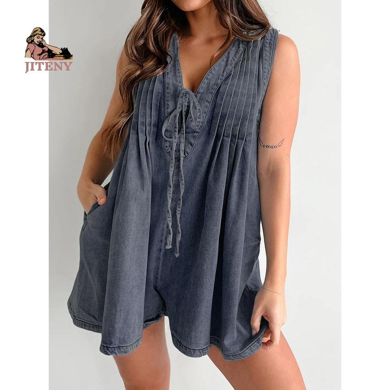 Women's Demin Tank Top Jumpsuit Loose Pleated Tie Front V Neck Sleeveless Shorts Romper with Pockets for Summer Lady Polyester Womenswear Overalls